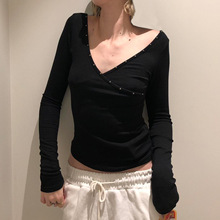 纯色交叉V领铆钉设计打底衫性感特色基础长袖T恤美式ins跨境服装
