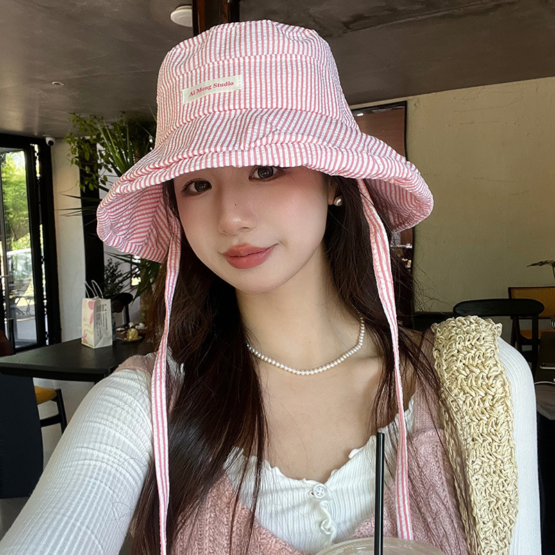 Girl honey coreano pequeño sombrero de pescador a rayas frescas para mujeres de verano 2024 nuevo sombrero solar pequeño para mostrar la cara