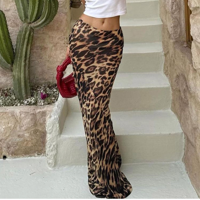 European and American women's 2024 summer new fashion sexy leopard chiffon fishtail skirt floor skirt wholesale
