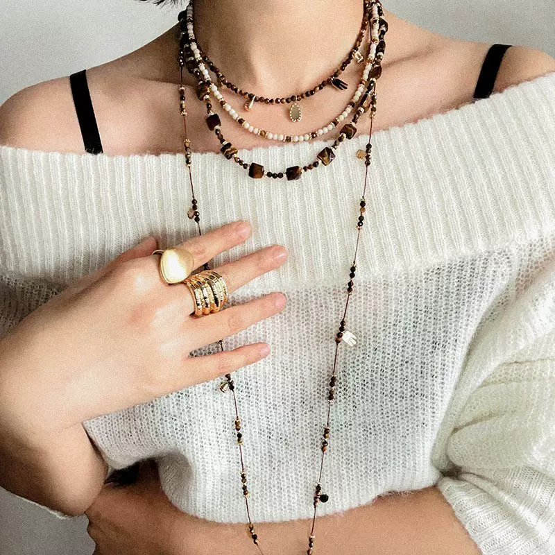 天然虎眼石串珠项链女欧美高级感多挂坠毛衣链复古秋冬美拉德配饰