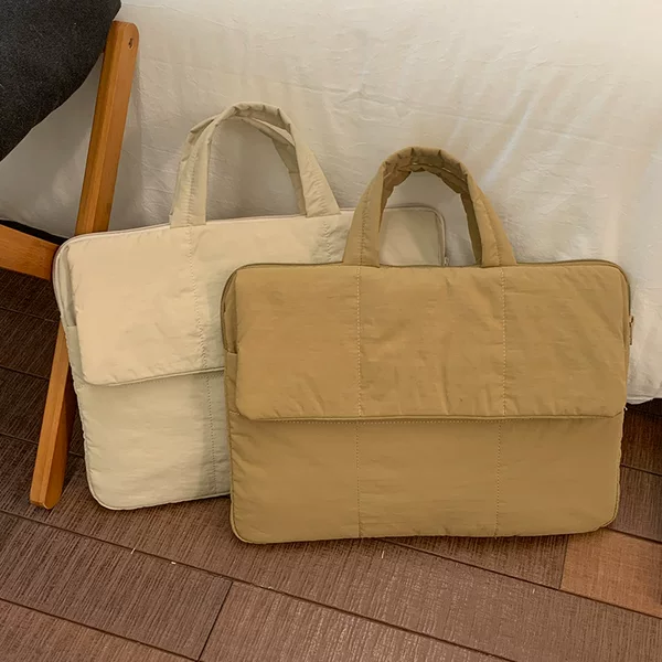 Cotton-Lined Laptop Bag, Versatile Travel Briefcase, Women's Tablet Protective Bag, Solid Color Hand-Held Tote Bag
