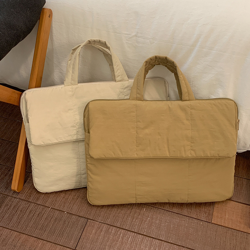 Cotton-Lined Laptop Bag, Versatile Travel Briefcase, Women's Tablet Protective Bag, Solid Color Hand-Held Tote Bag