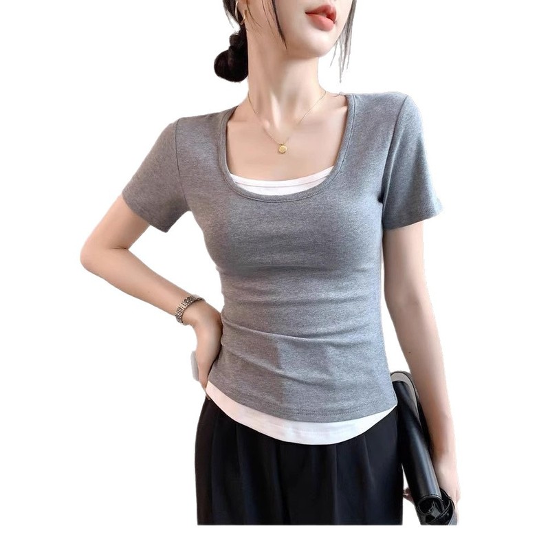 偽ツーピース半袖 Tシャツ女性のための 2025 夏の新しい U ネックスプライシングボトリングシャツスリム痩身ホットガール Tシャツトップ|undefined
