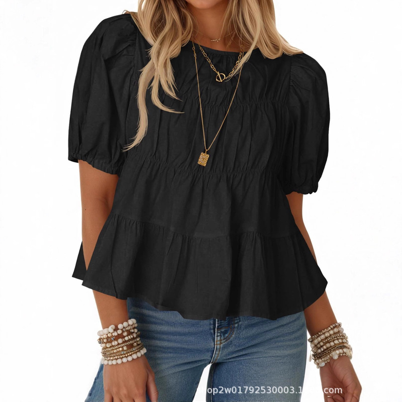 Women's Puff Sleeve Ruffled Babydoll Shirt Summer Smoky Pleated Cotton T-Shirt Casual Loose Flowing Shirt