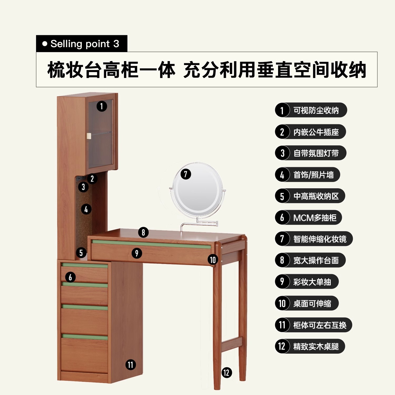 Tocador de madera maciza medieval, gabinete de almacenamiento, mesa de maquillaje pequeña, armario, dormitorio principal integrado, hogar, nuevo espejo 2024