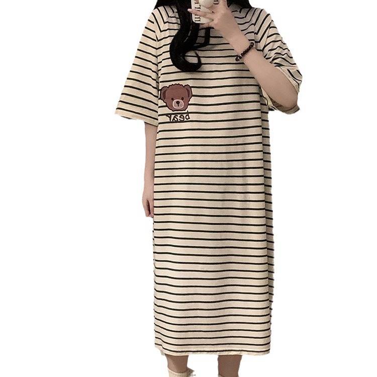 Pijamas de verano para mujeres nuevas rayas simples dulces caricaturas osos sueltos estudiantes ropa de hogar pijamas de cabello