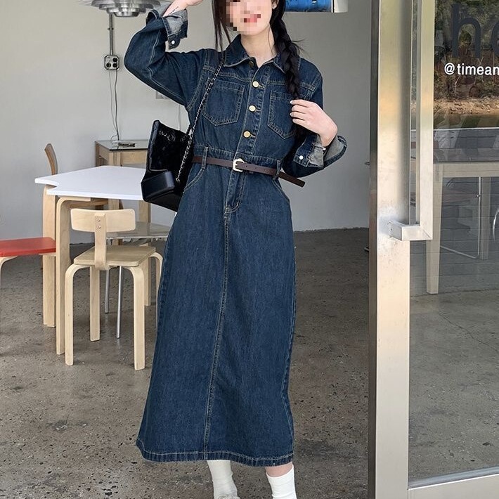 Waist Slimming Long-Sleeved Denim Dress for Women Spring and Autumn New Korean Style Retro Temperament Mid-Length Skirt