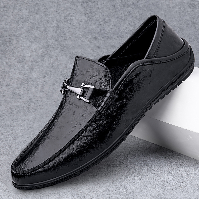 Zapatos de cuero para hombres comerciales de estilo británico, zapatos de cuero casuales de suela suave para hombres, zapatos de frijol negros, zapatos de moda.