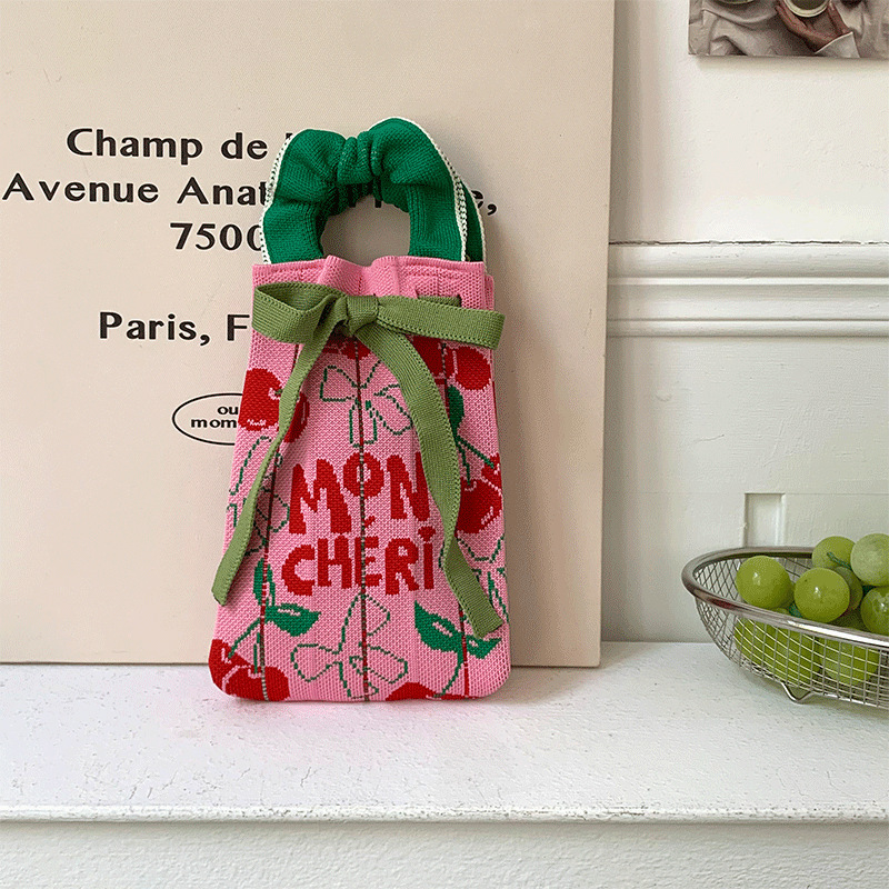 Bolsa de punto, oreja de madera, diseño de nicho, bolso con cordón de dibujos animados, bolso de mensajero portátil de todo fósforo, bolso de teléfono móvil