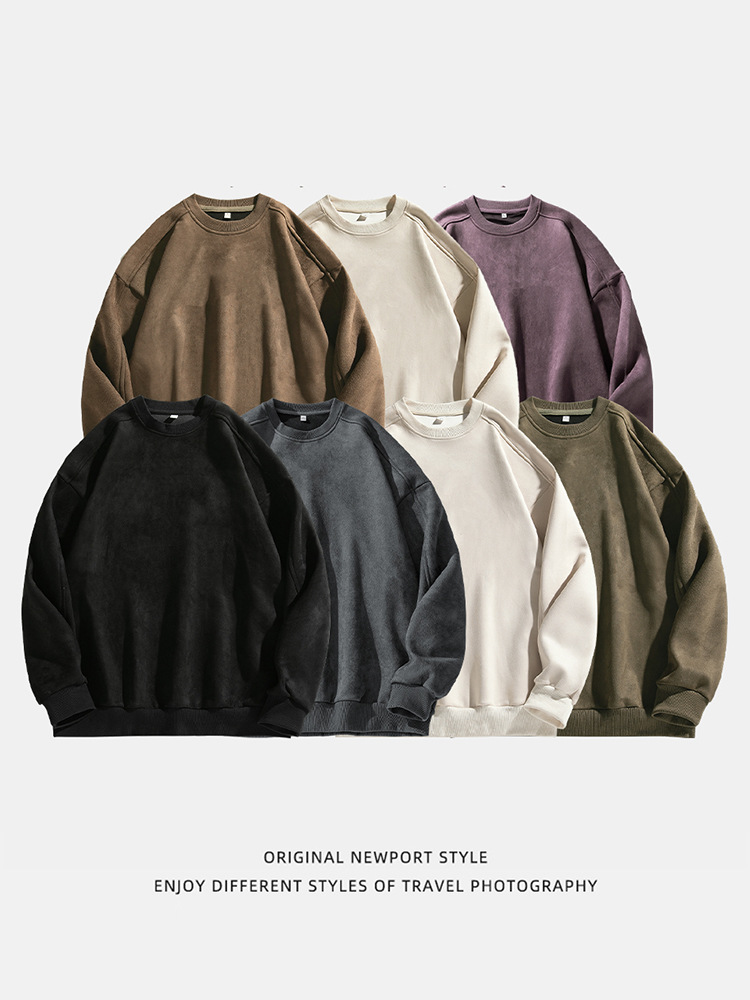 質感のアメリカのレトロなスエードの丸首のパーカーの男性の春の新型のカップルの帽子のプルオーバーは二開ができます。