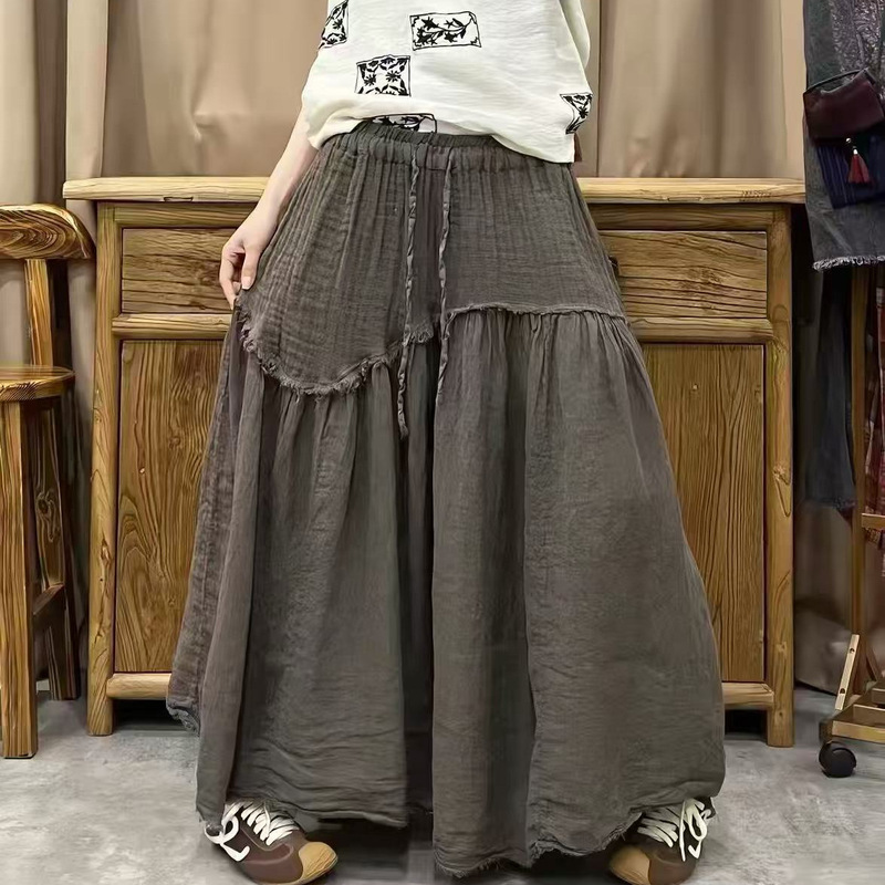 Vintage Loose Linen Patchwork 26 Summer Artistic Simple Tie Elastic Waist Spliced Frayed Edge Versatile Large Hem Skirt Vintage Loose Linen Patchwork 26 Summer Artistic Simple Tie Elastic Waist Spliced Frayed Edge Versatile Large Hem Skirt