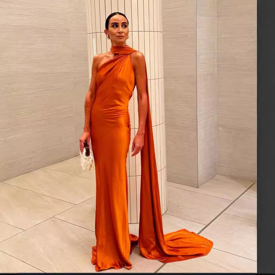 Cross-border European and American Women's AliExpress Explosions Silk Satin Texture Ribbon Halter dress