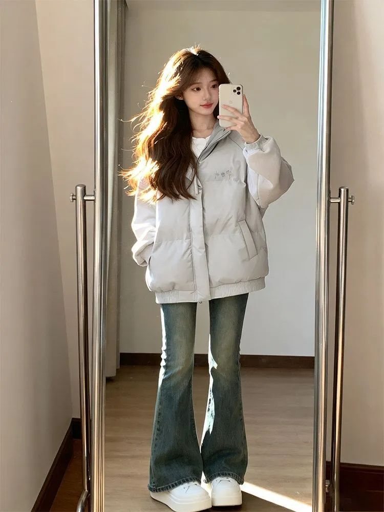 美式高街浅灰色立领羽绒服女复古学生百搭显瘦加厚保暖面包服外套