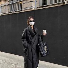 黑色菱格羽绒服女冬季韩版宽松中长款加厚小个子立领棉衣90白鸭绒