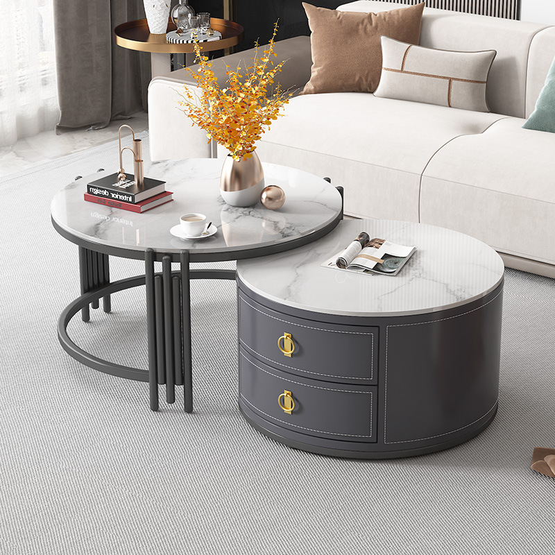 Mesa de centro moderna de lujo ligero de celebridades de Internet, balcón de la sala de estar nórdica, mesa de té de vidrio redonda, mesa de centro de pizarra de tamaño pequeño para el hogar