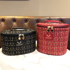 小香風大容量便攜化妝收納箱放水乳液包高級感圓筒化妝包