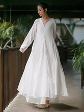 春夏新款棉麻女装清冷风全棉双层长袖连衣裙4色