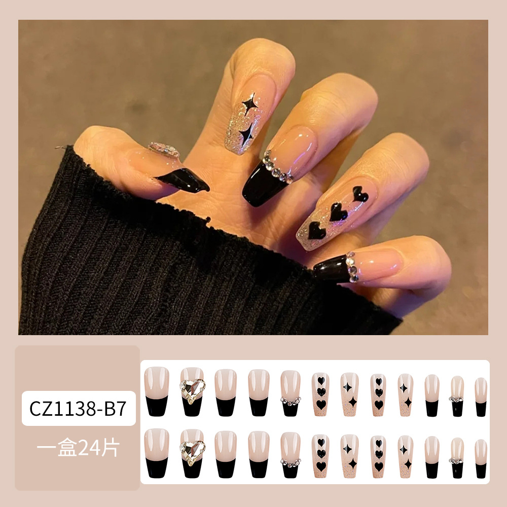 Moda con diamantes para usar uñas de ballet dulce y misterioso amor negro francés 24 piezas de parche de uñas