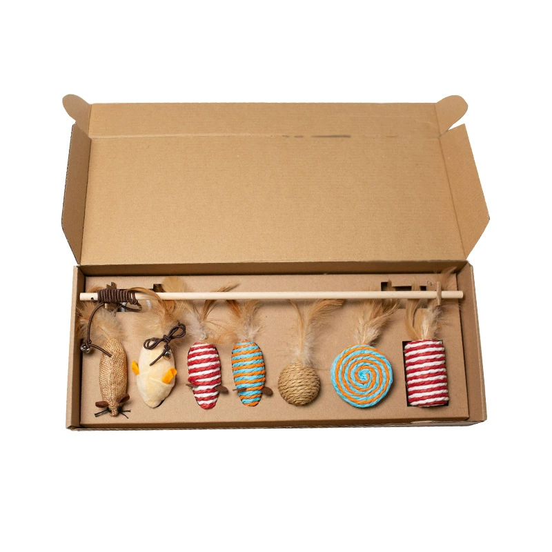 Игрушечный костюм для кошек Кошка-Дразнилка Набор из семи предметов Цветная бумажная веревка Перо Вешалка Мышь Ткань Игрушка Деревянный столб Кошка-Дразнилка