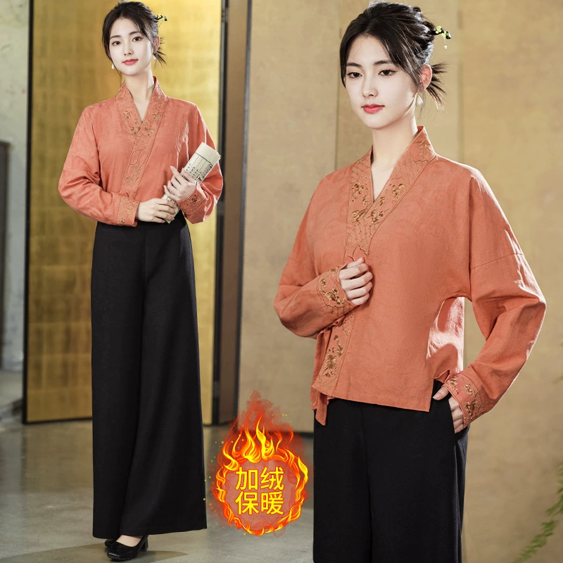 9673 реальный выстрел в наличии хлопок традиционная китайская живопись четырехспектральный жаккард Hanfu с рукавом самолет осень-зима с длинным рукавом с перекрестным воротником Теплый Топ для женщин