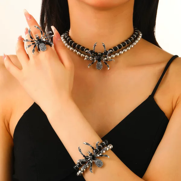 European and American Cross-border Gothic Style Dark Punk Exaggerated Halloween Diamond Spider Necklace Bracelet Ring suit Female Male