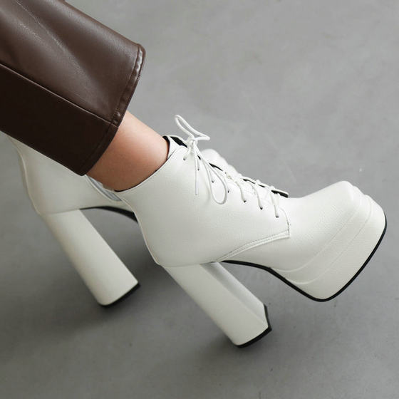 Autumn and winter chunky heel super high heel short boots casual lace-up British Martin boots thick bottom double platform white women's shoes