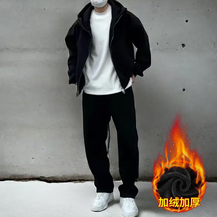 Peso pesado más terciopelo suéter gris claro para hombres otoño e invierno versión coreana suelta casual todo-fósforo sudadera con capucha top de color sólido