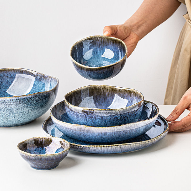 Yunmeng Blue Cross-border Kiln Glaze Tableware Exported to Europe and America Retro Personality Blue Irregular Ceramic Dishes and Dish Yunmeng Blue Cross-border Kiln Glaze Tableware Exported to Europe and America Retro Personality Blue Irregular Ceramic Dishes and Dish