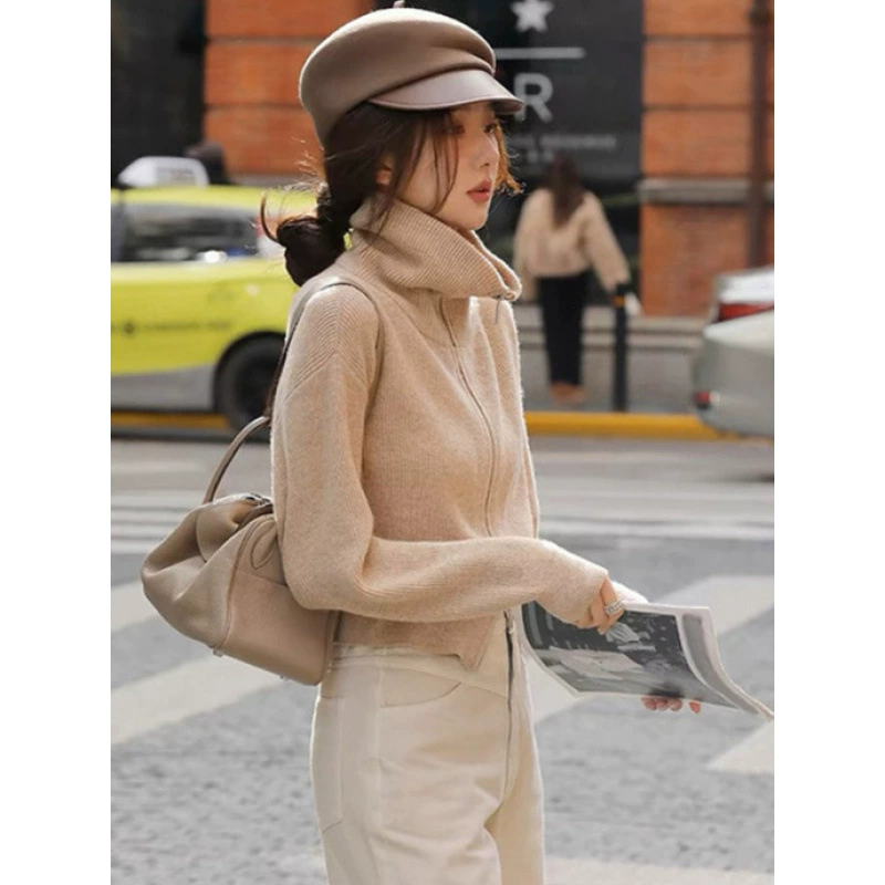 Корейский топ женский 24 осень и зима отворот шерстяной трикотажный кардиган на молнии тонкий ленивый свитер