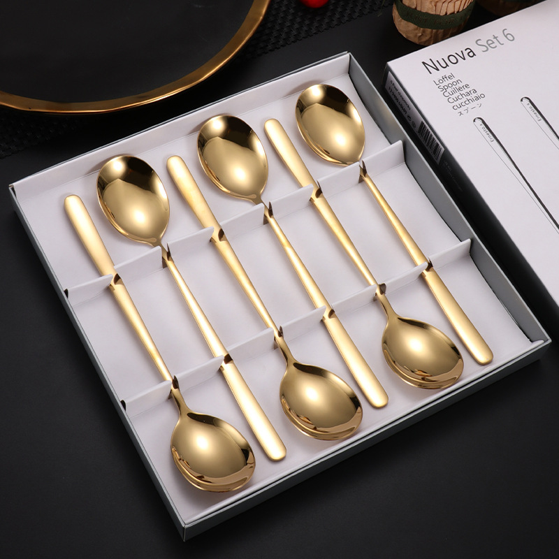 304 cuchara de acero inoxidable cuchara de postre coreano tenedor café mango largo cuchara mezcladora vajilla de acero inoxidable caja de regalo de 6 piezas