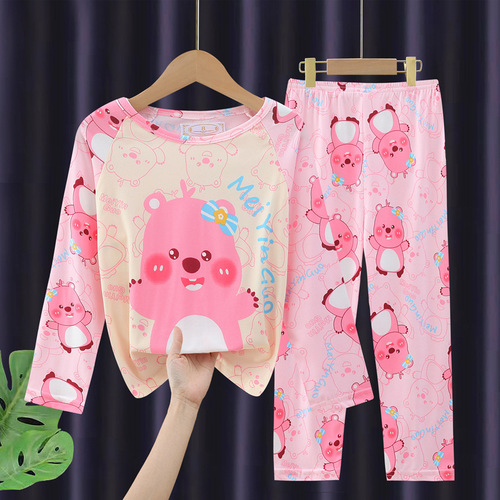 New children's spring and autumn long-sleeved set for middle-aged girls, cartoon thin style, baby girl pajamas and home clothes