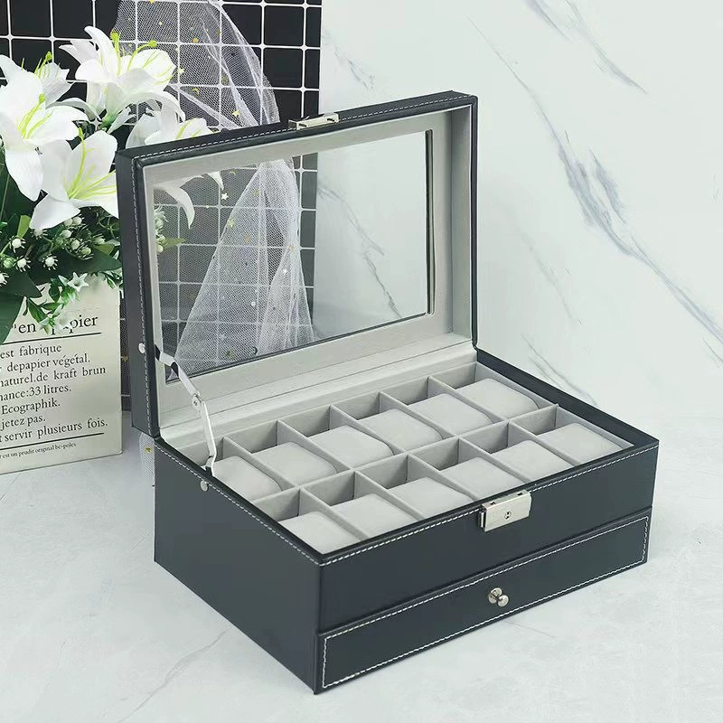 25 Slot Leather Watch Box Glass Top Watch Jewelry Display