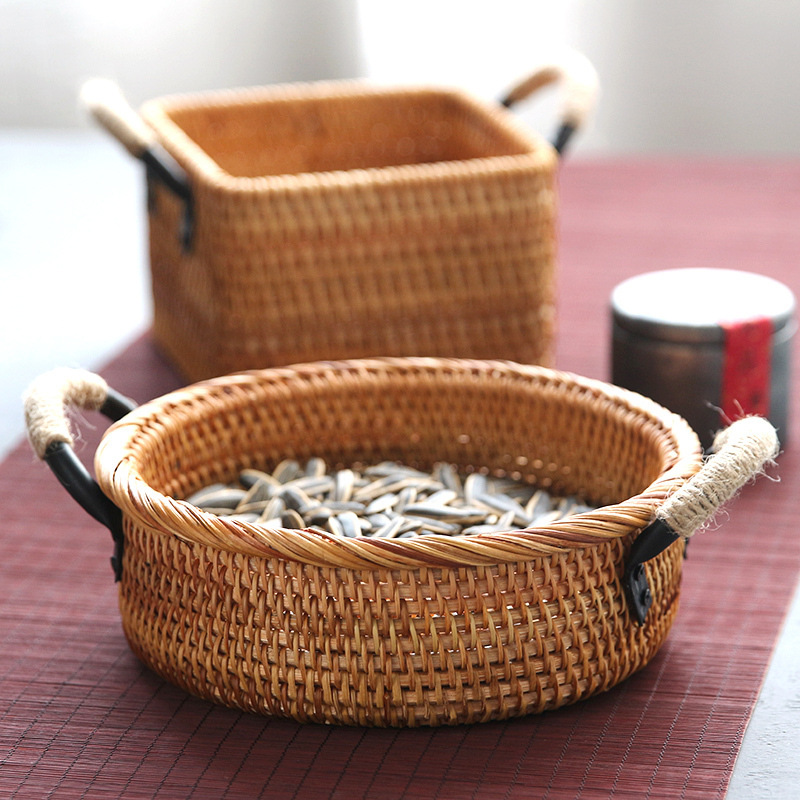 铁艺茶点盘越南藤编收纳面包筐零食糖果盘果篮藤筐茶道零配竹益堂