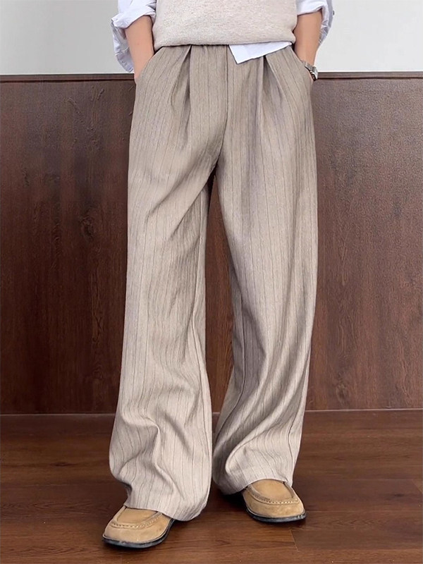 Old Money Style Khaki Striped Suit Pants for Men, Autumn Brushed Pants, Loose Bf Lazy Style Wide-Leg Casual Pants Old Money Style Khaki Striped Suit Pants for Men, Autumn Brushed Pants, Loose Bf Lazy Style Wide-Leg Casual Pants