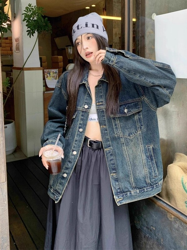 深色水洗复古牛仔外套女春秋新款宽松显瘦高级感时尚牛仔上衣|undefined