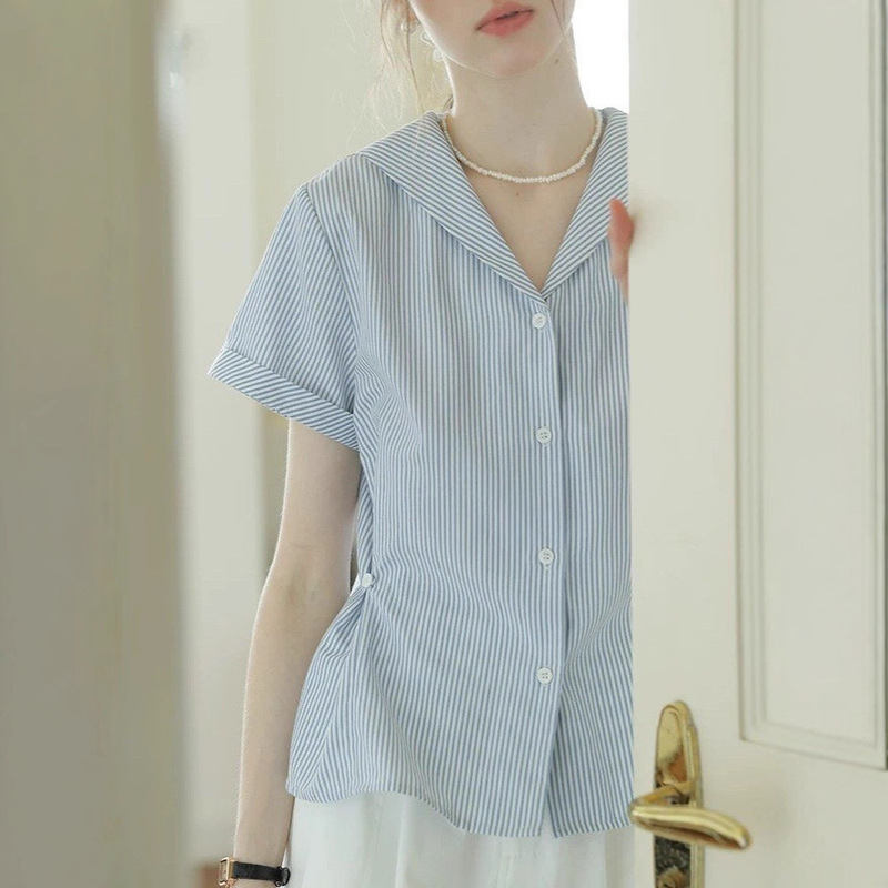 French Commuter Navy Collar Blue Striped Short-Sleeved Shirt Women's Summer College Style Age-Reducing Slimming Top