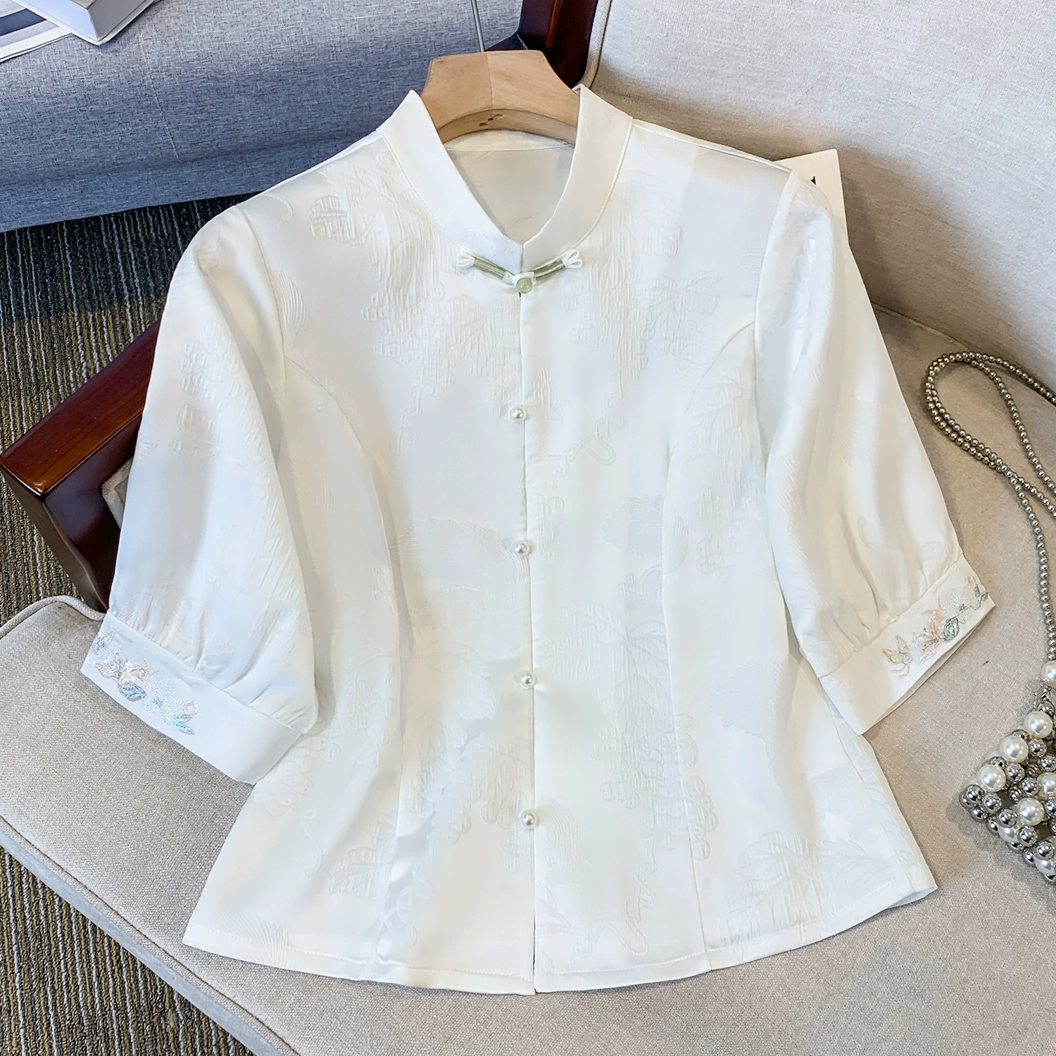 2025 новая ретро-новая рубашка в китайском стиле Hanfu с вышивкой жаккардового воротника средней длины, женская рубашка на пуговицах, улучшенный топ в национальном стиле