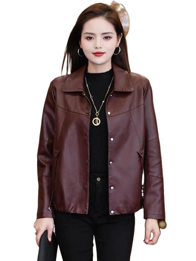 Fashionable Leather Jacket for Women, Short Style 2325, New Spring and Autumn Model, Age-Reducing, Petite, Loose Fit, Slimming Pu Leather Jacket Top