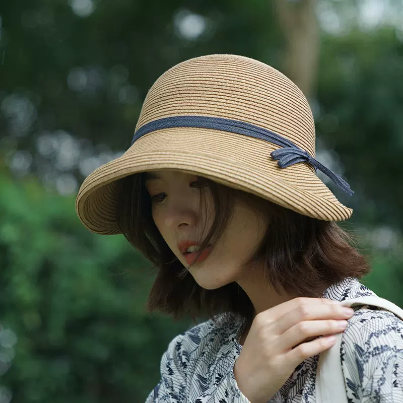 赫本风优雅日系UV防晒草帽女士大檐夏季薄款遮脸可折叠复古渔夫帽