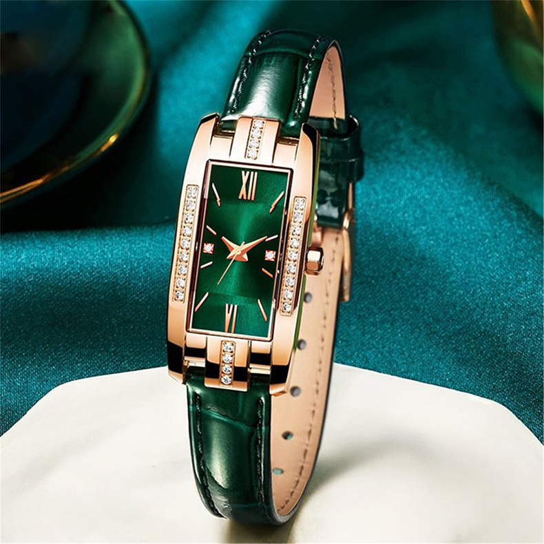 TikTok Internet Celebrity Live Streaming Traffic Small Green Face Diamond-Inlaid Square Women's Watch Vintage Fashion Women's Wristwatch
