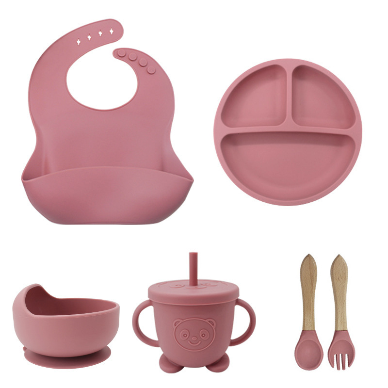Deep pink 6-Piece Set: Bib + suction cup + bowl + straw cup + wooden fork spoon