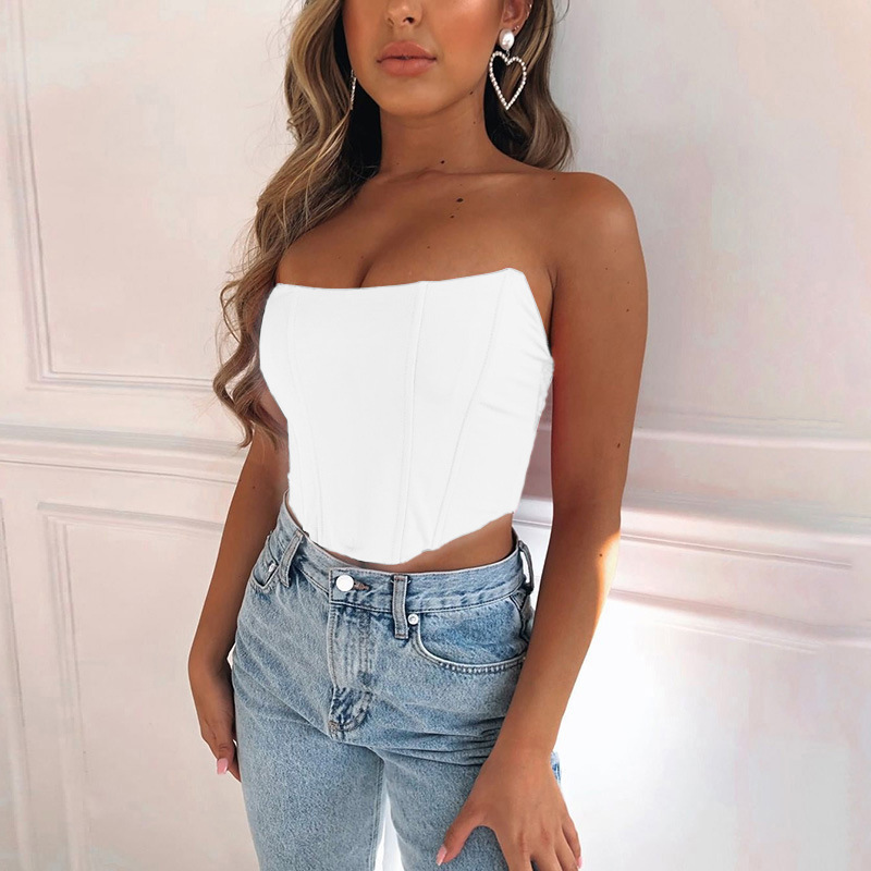 84g Weight Polyester Fabric Type Short Top Length Blouse Tops Type Daily Occasion Strapless Neckline Slim Fit Type Solid Color Pattern Summer Season Women'S Gender Backless Design Fashion Style Wholesale Women'S Fashion Solid Color Backless Tank Tops
