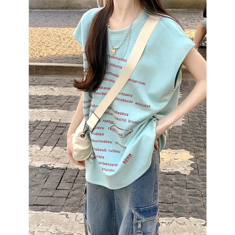 American Retro Barrage Alphabet Sleeveless Sports Vested T-shirt Women's Summer Bareback Loose Design Niche Top