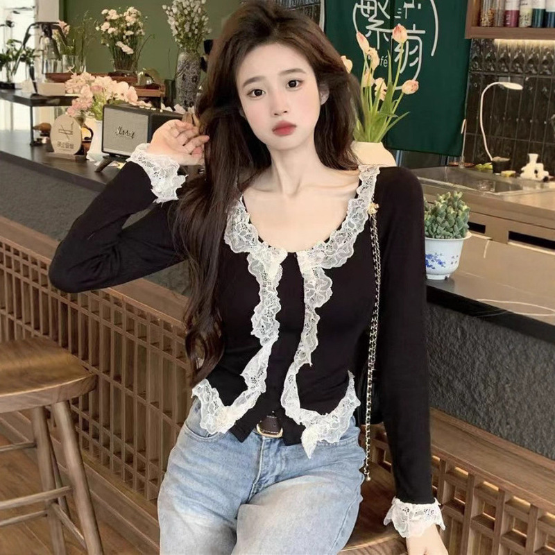 Ins Sexy Pure Desire German Velvet Lace Warm Long-Sleeved Women's T-Shirt Spring & Fall Slim Waist Short Bottoming Shirt