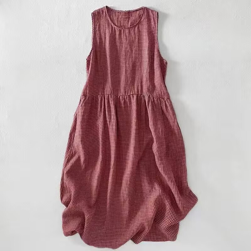 Summer New European and American Style Cotton-Linen Loose-Fitting Versatile Sleeveless Tank Dress with a Stylish Plaid Design