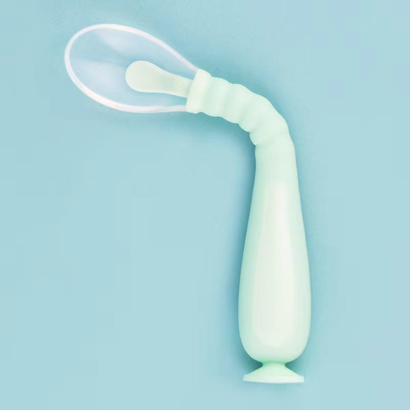 Silicone Twist Spoon for Babies, Feeding Spoon for Rice Cereal, Multi-Angle Bent Spoon with Suction Cup Design