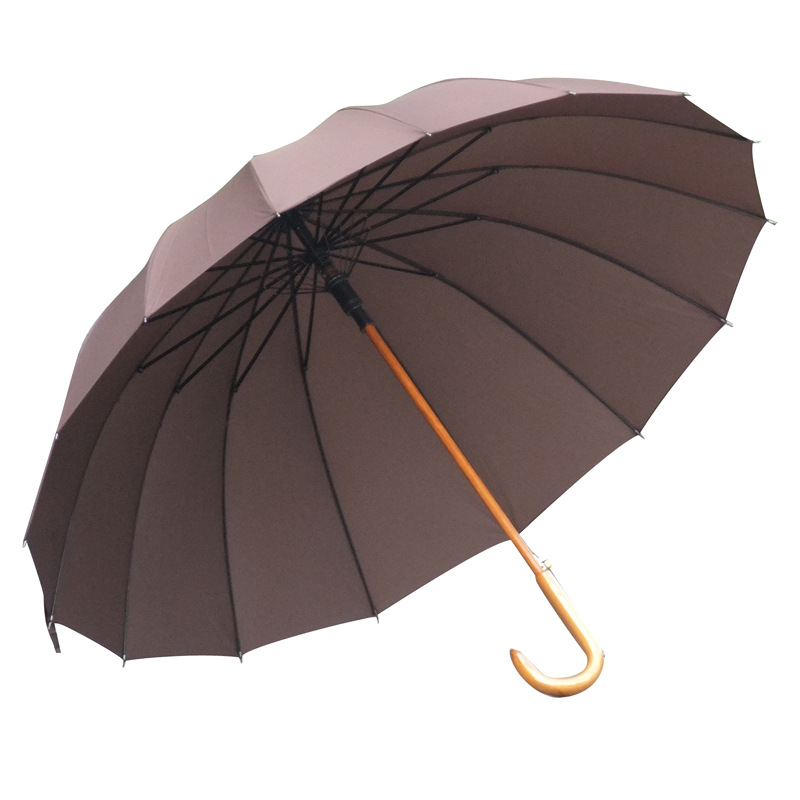 Venta al por mayor extra grande doble 16-Bone madera medio palo mango largo paraguas soleado paraguas de madera maciza mango curvo paraguas a prueba de viento Caballero publicidad de negocios