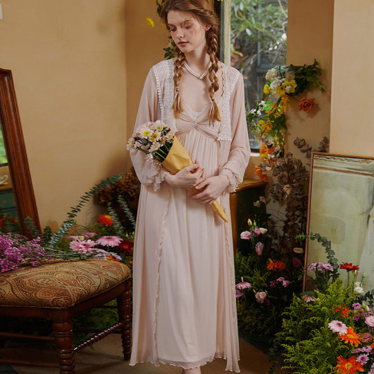 Long Girl Princess court pajamas with chest pad modal long-sleeved nightgown suspender skirt mesh two-piece suit
