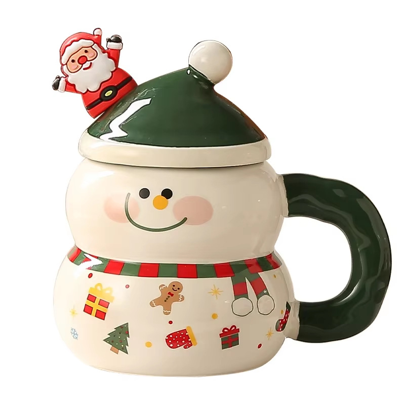 Taza de cerámica de Navidad limitada, muñeco de nieve creativa, encantadora taza de cerámica con mango, adornos de regalo con cubierta