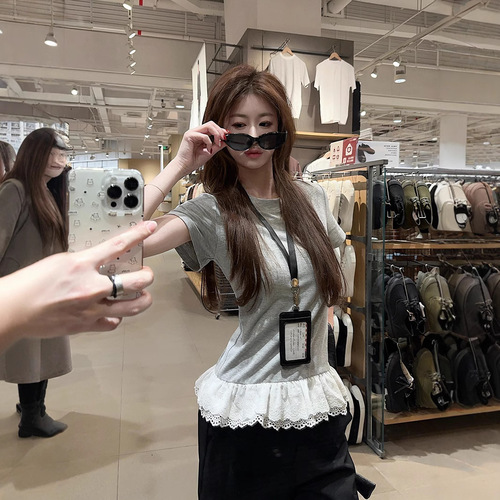 Gentle Sweet Girl Style Design Lace Splicing Short-Sleeve T-Shirt for Women 2025 Summer Fitted Slimming Student Top Trendy